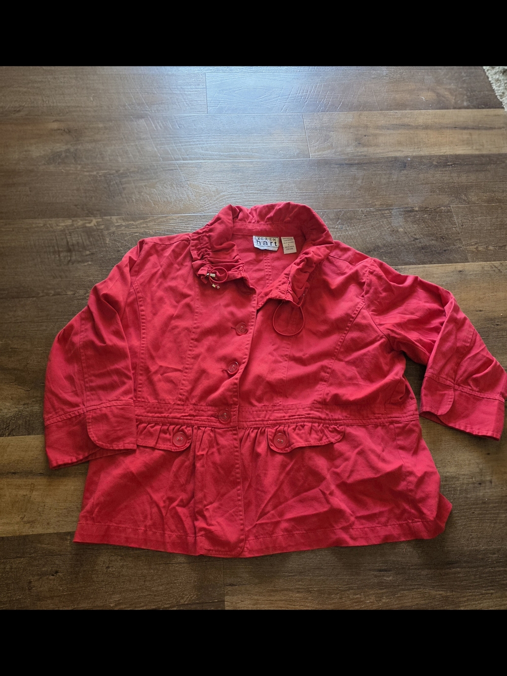 KEREN hart Red Ruffled Waist Jacket Size L Worn Twice